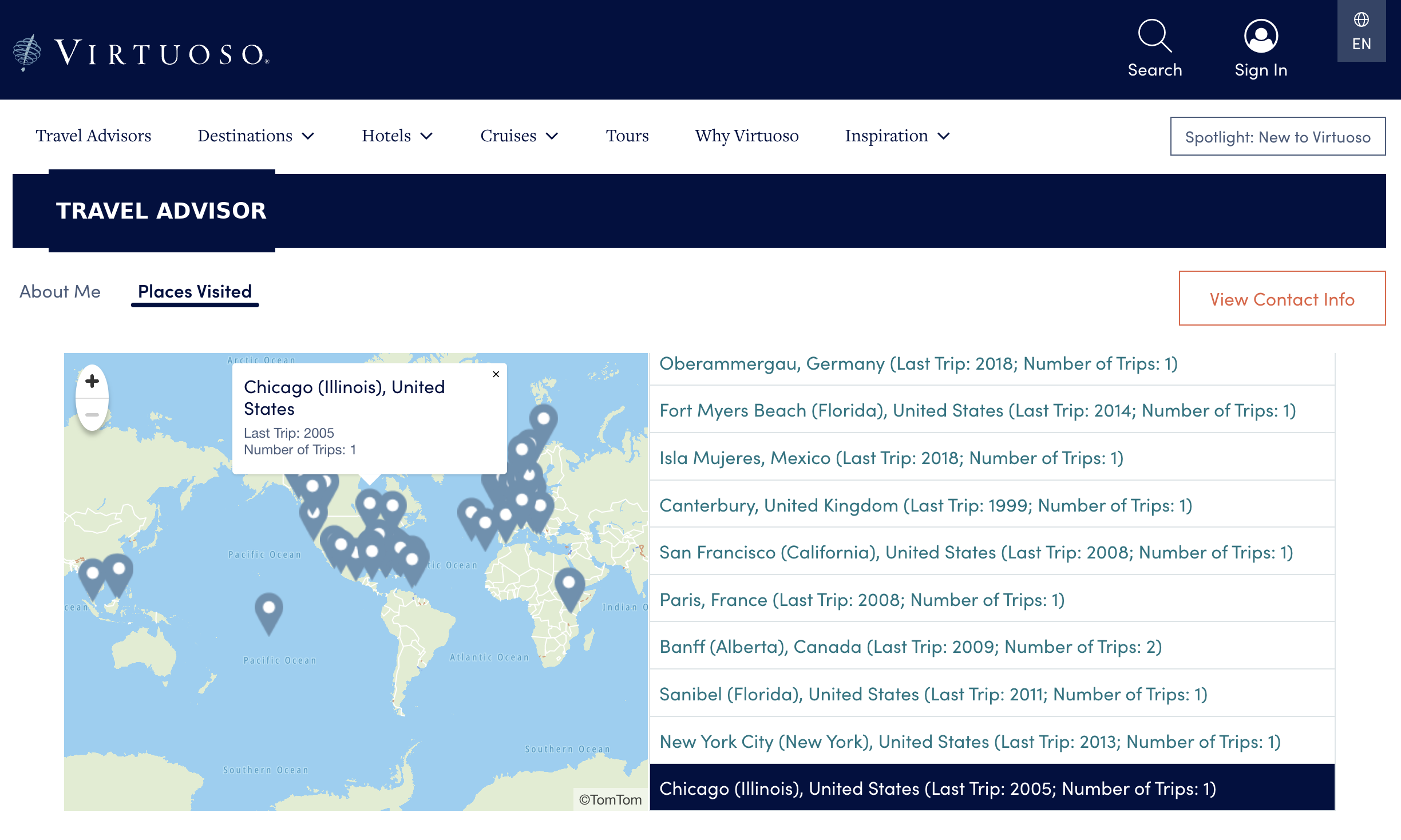 A Virtuoso advisor's Places Visited map, name redacted, showing only pins with last-trip dates and no narrative.